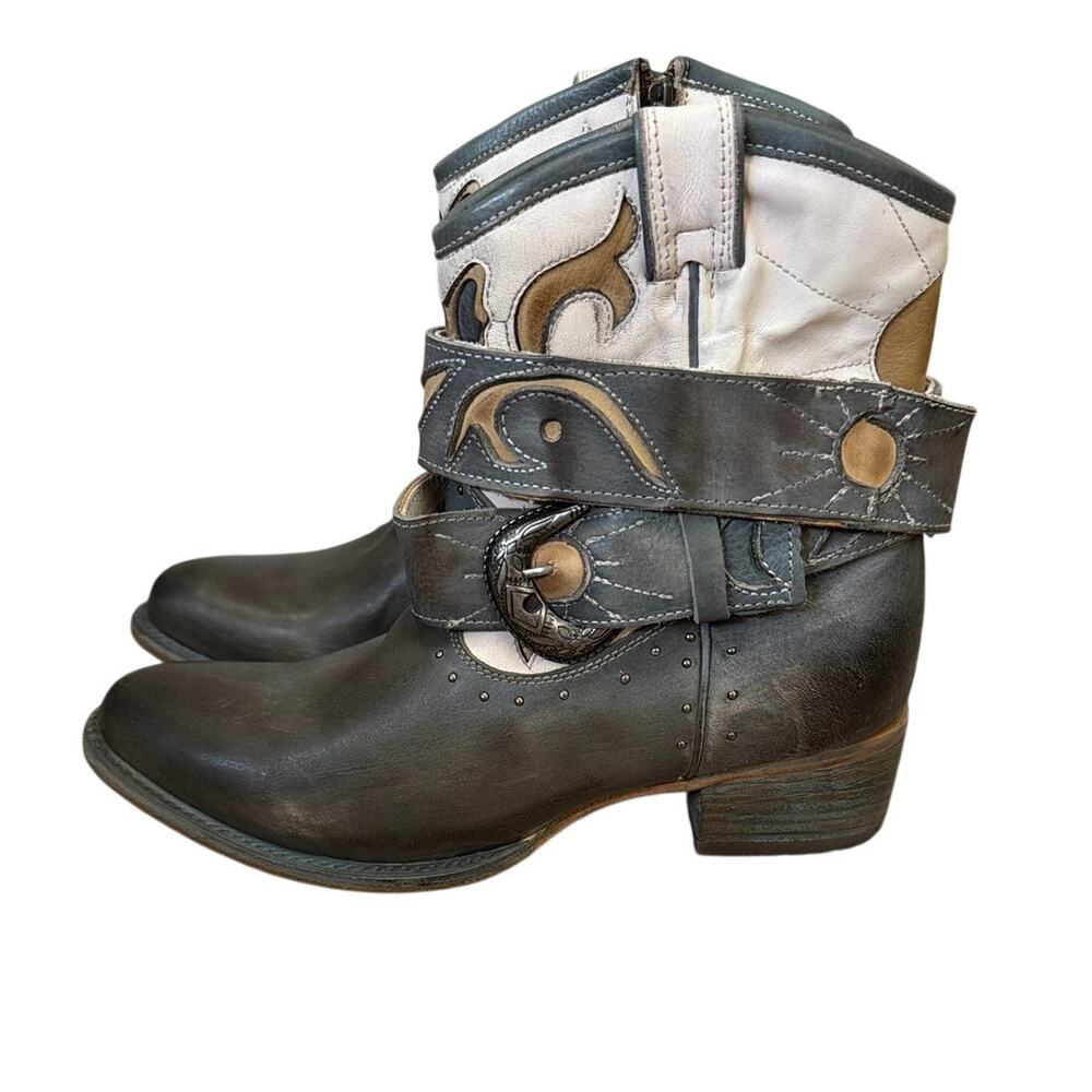 Freebird Tash Blue Multi Leather Western Ankle Booties Harness Boots Sz 12 New